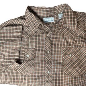 Wrangler Wrancher Shirt Mens XXL Brown Teal Plaid Excellent Western Pearl Snap